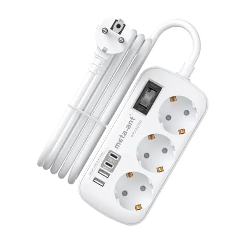 Steckdosenleiste mit USB 3.4A 17W, 3 Fach steckdosenleiste mit überspannungsschutz 4000W, Socket with 4 USB (2 USB-C), 3 Meter, Steckdosenleiste Wandmontage für Heim Büro, Weiß