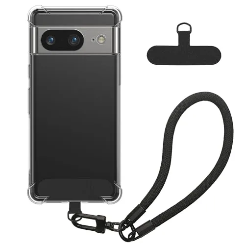 kwmobile Handy TPU Case kompatibel mit Google Pixel 7 Hülle - Kristallklare Schutzhülle mit Kantenschutz und abnehmbarem Armband inkl. 2 Pads - Transparent Schwarz