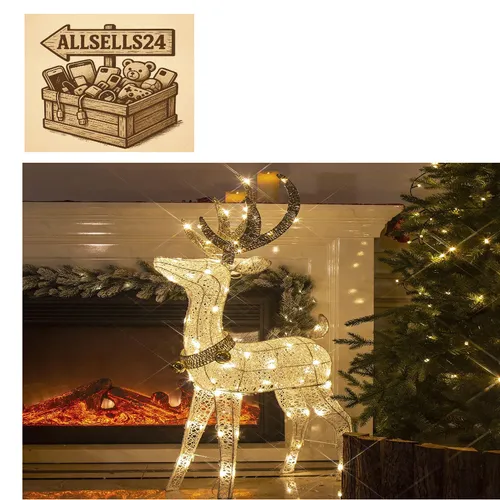 DELICHTER LED Rentier Metall Gold Weiß – 1,2m Weihnachtshirsch für drinnen und draußen - Weihnachtlicher Zierschmuck mit 70 warmweißen LEDs, wetterfest und ideal für lebendige Weihnachtsdekorationen im Garten oder Wohnzimmer. Einfache Montage für sofortige festliche Stimmung.