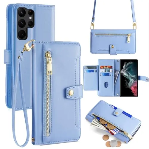 Handykette kompatibel mit Samsung Galaxy S22 Ultra | Leder Handyhülle mit Kartenfächern | Handyhülle zum Umhängen | Hellblau