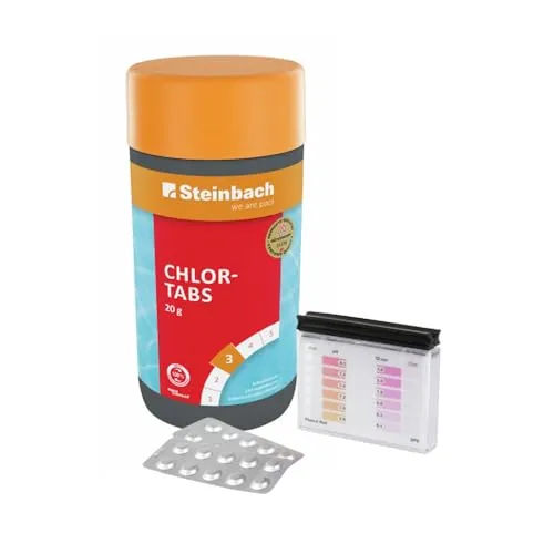 Steinbach Poolpflege Test-Set | Testkit für pH-Wert & freies Chlor + Chlortabs 20 g | Wasseranalyse & Desinfektion in einem Set | schnelllöslich & pH-neutral | für Pools & Whirlpools