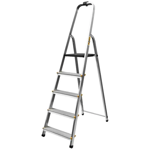 Stehleiter 5 Stufen Alu Leiter - Klappbar und Tragbar - Leiter für Haushalt und Garten, faltbar mit maximaler Reichhöhe von 3,0 m und einer Tragfähigkeit von 150 kg, ideal für vielseitige Einsatzmöglichkeiten.