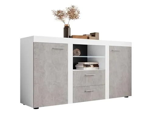 Mirjan24 Kommode Rango mit Glasboden, Highboard Sideboard, Anrichte, Naturtöne, Mehrzweckschrank, Wohnzimmerschrank, Anrichte, Schrank (mit Beleuchtung, Weiß/Beton Hell)