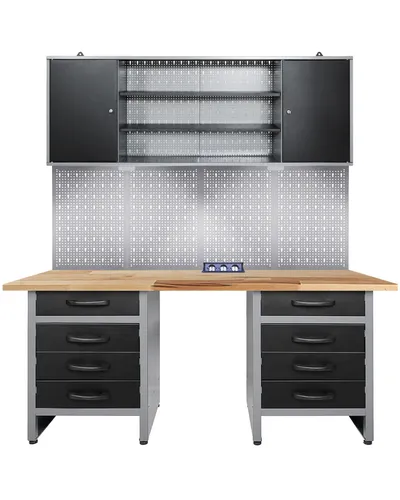 Werkstatteinrichtung 160 cm Werkbank Werkzeugschrank Lochwand LED Steckdose