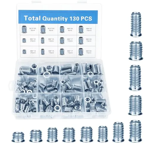 Gewindeeinsatz, 130 Stück Einschraubmutter, M6/M8/M10 Einschraubmuffen, Gewindeeinsätze Holz aus Verzinktem Stahl, Hex Innensechskant Mutter für Holzmöbel