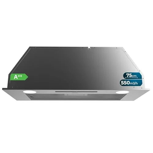 Cecotec Einbau-Dunstabzugshaube, 75 cm Bolero Flux IT 755500 Inox A++. Motor 70W, 3 Leistungsstufen, Niedriger Energieverbrauch, Edelstahlfinish, Absaugung 550m³/h, Touch-Bedienung, Booster