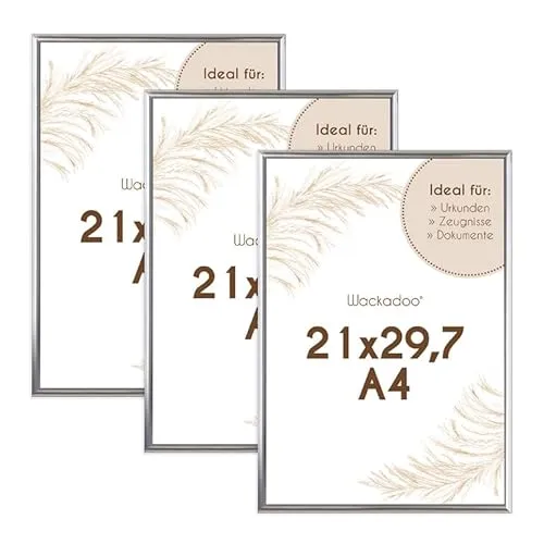 Wackadoo Bilderrahmen A4 21x29.7 (DIN A4) Silber 3er Set Fotowand Fotorahmen aus leichtem Kunststoff mit Glas Picture frame Poster