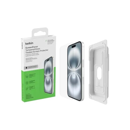Belkin ScreenForce TemperedGlass - Antimikrobielle Display-Schutzfolie für iPhone 15/14 Pro, extrem dünn und kratzfest mit 9H Härtegrad, inklusive Positionierungsschale und lebenslanger Garantie