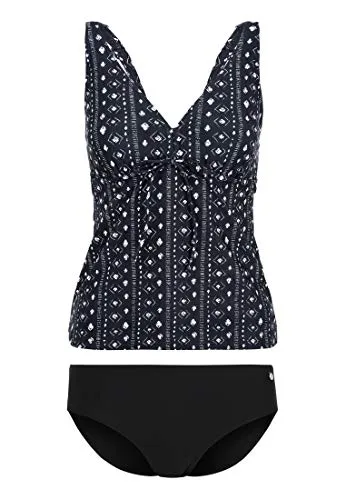 Bügel-Tankini LASCANA für Damen, Gr. 46, Cup E - Bademode mit bauchbedeckendem Top und regulierbarem Unterbrustbereich, verstellbare Träger für optimalen Halt, stilvolles grafisches Printdesign in schwarz-creme.