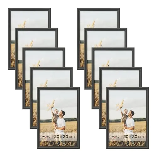 WOLTU Bilderrahmen 20x30cm 10er Set Fotorahmen Holzrahmen mit Passepartout, zum vertikalen oder horizontalen Aufhängen/Aufstellen, Posterrahmen Collage Wanddeko, Schwarz