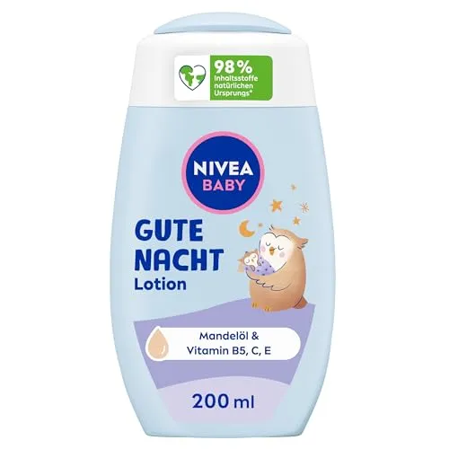 NIVEA Baby Gute Nacht Lotion, Bodylotion pflegt zarte Babyhaut mit Mandelöl, Vitamin E, C und B5, vegane Babylotion mit hypoallergener Formel ohne Parabene und Mikroplastik (200 ml)