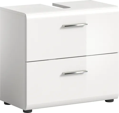 Waschbeckenunterschrank >Ice< in Weiß Hochglanz - 60x54x32cm - Badezimmerschrank in elegantem Weiß Hochglanz mit 2 Schubfächern, ideal für modernen Stil und optimalen Stauraum im Badezimmer.