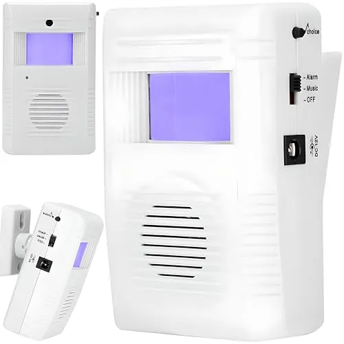 Retoo Drahtlose Bewegungsmelder mit Alarm für Innen und Außen, Wandmontage Sicherheit-Set Infrarot 6m, Ladenglocke Funkalarmanlage mit Motion Senso mit 30 Klingeltönen, Durchgangsmelder, Weiß