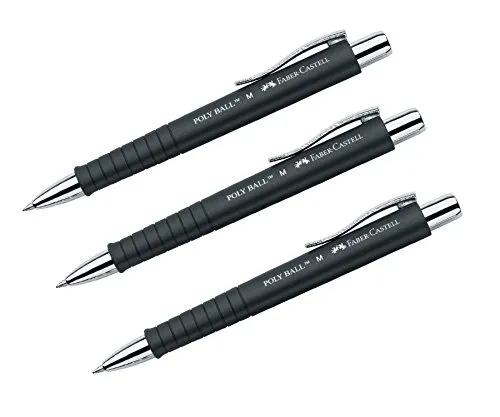 Faber-Castell Kugelschreiber POLY BALL 241199 0,5mm M, ergonomische Dreieckform, rutschfester Schaft, mit Metallclip, dokumentenecht Schwarz (3 Stück)