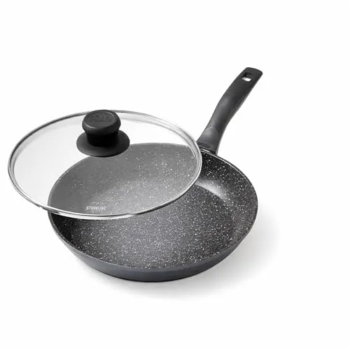 STONELINE Bratpfanne Set, 2-tlg. mit Glasdeckel - Pfannen Set aus Aluminium mit antihaftbeschichteter Oberfläche und echten Steinpartikeln, hitzebeständig bis 180 °C, ideal für alle Herdarten und spülmaschinengeeignet.