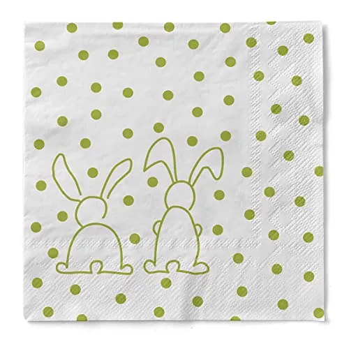 Sovie HOME Serviette RABBITS in Kiwigrün aus 3-lagigem Tissue, 33x33cm, 1/4 Falz, 20 Stück, Osterdesign mit kiwigrünen Punkten & niedliche Hasen, saugstarke Papierservietten