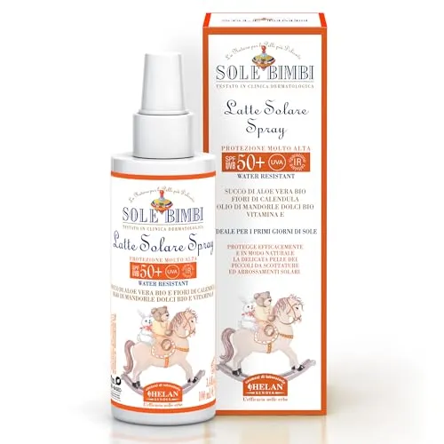Helan, Sole Bimbi – Sonnenschutz 50+ für Kinder und Babys, Sonnenschutzspray 50+ LSF sehr hoch gegen UVB/UVA-Strahlen, Sonnenschutz für Gesicht und Körper mit Süßmandelöl, Vitamin E, Aloe Vera, 100 ml