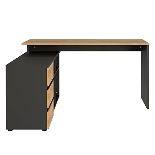 Lomadox Schreibtisch LUGANO-01, Graphit mit Navarra Eiche - Moderne Eckschreibtisch-Lösung mit integriertem Sideboard für ein angenehmes Arbeitsumfeld. Made in Germany mit pflegeleichten Oberflächen und elektronisch höhenverstellbaren Optionen.