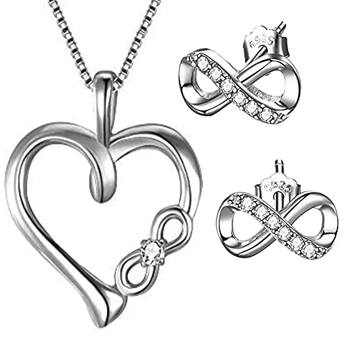 Damen Mädchen Schmuck-Set 925 Sterling Silber Herz Kette Ohrringe Unendlichkeit Symbol (P14+K923+V12)