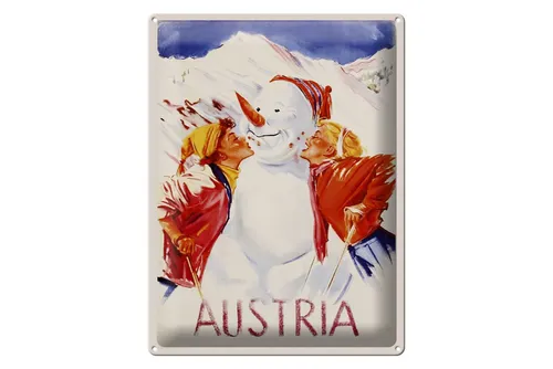 Femer GmbH Metallschild Reise 30x40 cm Austria Frauen küssen Schneemann, (1 St), gewölbte Oberfläche, abgerundete Ecken, umgeschlagene Kanten