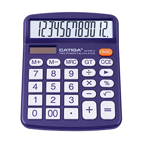 CATIGA Tischrechner 12-stelliger mit großem LCD-Display, sensitiven Tasten, Solar und Batteriebetrieb, Kompakt, leistungsstark und vielseitig, Standardfunktion für Büro, Haus, Schule, CD-2786