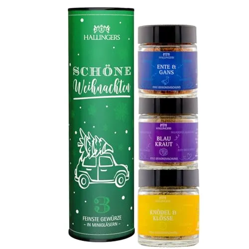 Hallingers Weihnachtliches 3-teiliges Geschenkset mit Gewürzen in Schraubgläsern – festliche Geschenkbox, vegan - Made in Germany