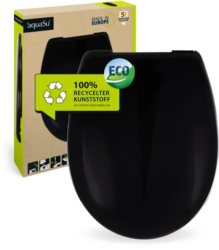 aquaSu® Schwarzer Toilettendeckel nachhaltig, WC-Sitz mit Absenkautomatik, EU, aus 100% recyceltem Kunststoff, Take-Off-Funktion, Montage von oben, schwarzes Rezyklat, 407700