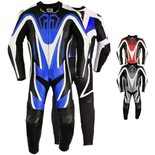 German Wear Einteiler Motorradkombi Motorrad Lederkombi aus Rindsleder echtleder Kombi, Größe:56/2XL, Farbe:Blau