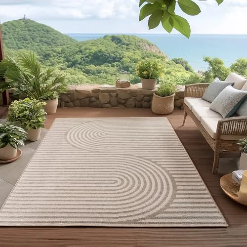 HomebyHome Outdoor Teppich Beige 240x340 cm, Wetterfest & UV-beständig, ideal für Küche, Balkon, Terrasse, Garten auch Wohnzimmer und Esszimmer, Skandinavisches Boho-Design, Leicht zu Reinigen