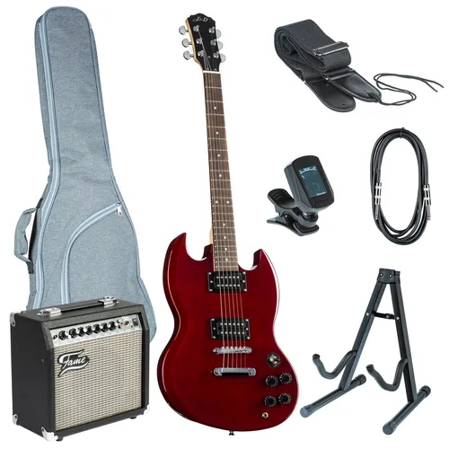 J & D GG II Rock Red + GX15 E-Gitarren Anfänger Set - Komplettes E-Gitarren Set für Anfänger, inklusive hochwertiger Double Cut E-Gitarre aus Mahagoni und Ahorn. Ideal zum Spielen und Üben mit passiver Elektronik und Humbucker-Tonabnehmern.