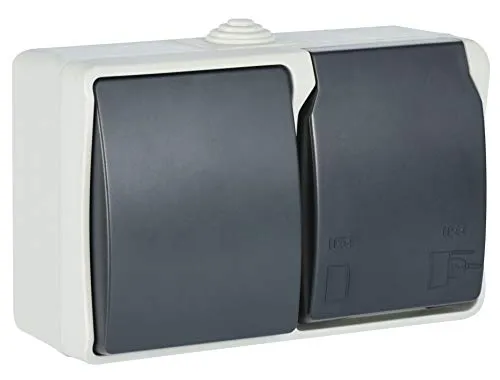 Electraline 605909 1-Fach Schuko Steckdose und Schalter Kombination mit Deckel für den Außenbereich, Für den Außenbereich und Feuchträume geeignet, IP44 geschützt, Aquatop, Grau/Anthrazit