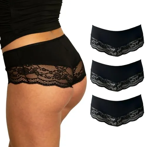 Benonetti Hipster Damen Baumwolle - 3er Pack - Seamless Frauen Unterhosen mit Spitze - Atmungsaktiv Stretch Nahtlose Panties (DE/NL/SE/PL, Alphanumerisch, XXL, Regular, Regular, schwarz)