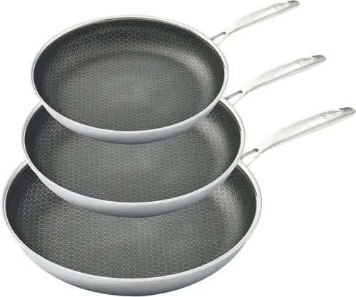HENSSLERS Pfannen-Set 3-tlg. aus Edelstahl - Hochwertiges Pfannen-Set für alle Herdarten, mit 3-Schicht Material und ergonomischen Griffen. Ideal für perfekte Bratergebnisse und einfache Handhabung.