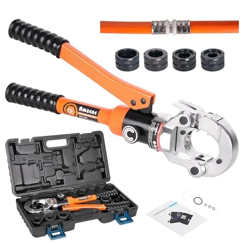 AMZCNC Profi Presszange U-Kontur 16-20-25-32 Set Presswerkzeug mit 180° drehbarem Kopf,für Verbundrohr mit Fittings der U-Kontur, Backeneinsätze U16,U20,U25,U32 incl