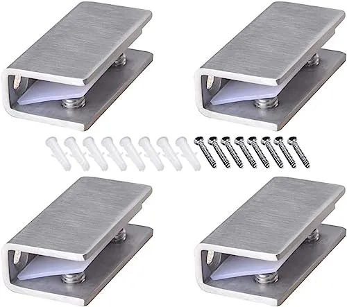 Glasklemmen Edelstahl 4 Stück Glasregal Halterung Edelstahl, Klemmhalter für Glasplatten Glashalter mit Schrauben und Kunststoffeinsatz für 8-12 mm Dicke Glas, Gebürstet Fertig