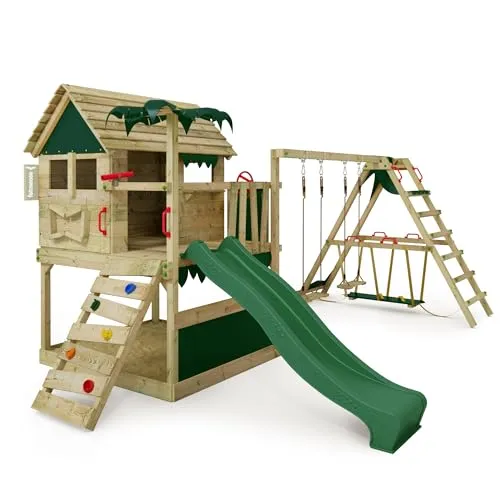 Produktbild FATMOOSE Spielturm Klettergerüst TikaTaka Town XXL mit SurfSwing, Schaukel & grüner Rutsche, Outdoor Kinder Kletterturm mit Sandkasten Leiter & Spiel-Zubehör für den Garten