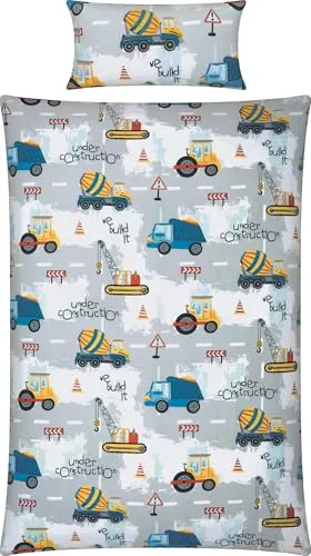 REDBEST Kinderbettwäsche - 2-teiliges Biber-Set mit Baustellen-Motiv - Bettwäsche-Sets aus 100% Baumwolle, kuscheliger Biber-Qualität und mit praktischem Reißverschluss, ideal für kleine Baustellenfans.