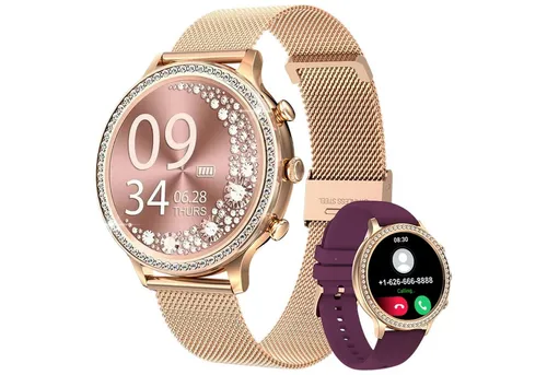 Refttenw Armbanduhr Damen mit Telefonfunktion,1.32in Diamant Fitnessuhr,2 Gurte Smartwatch, IP67 wasserdicht