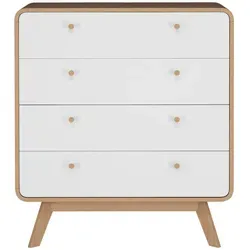 Caitlin | Elegante Kommode mit 4 Schubladen in Eichenholz und Weiß - Moderne Kommode Caitlin aus MDF in Weiß und Eichendekor. Mit 4 großzügigen Schubladen für optimalen Stauraum. Ideal für das Wohnzimmer oder Schlafzimmer, bietet sie eine stilvolle Lösung für Ihre Aufbewahrung.
