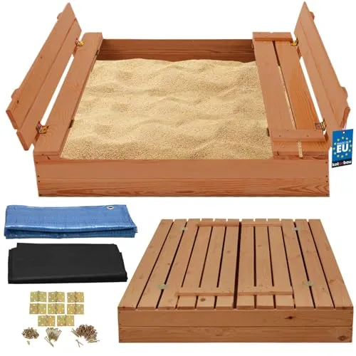 KOTARBAU® Sandkasten mit Abdeckung 100 x 100 cm - Sandkasten aus hochwertigem Holz mit klappbaren Bänken und Schutzabdeckung, ideal für sicheres Spielen im Freien.