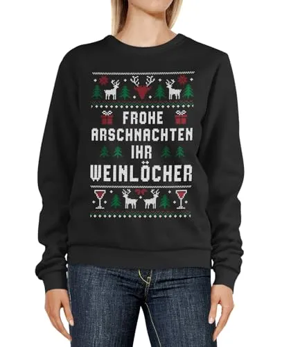MoonWorks® Sweatshirt Damen Weihnachtspulli Ugly Christmas Frohe Arschnachten Ihr Weinlöcher Sweater Schwarz XS