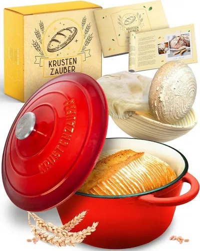 Krustenzauber Brotbackform Gusseisen mit Gärkorb - Brotbackformen für perfekte Resultate – inklusive Gärkörbchen für ideale Brotform und knusprige Kruste. Erlebe das Backvergnügen mit unserem hochwertigen Gusseisentopf!