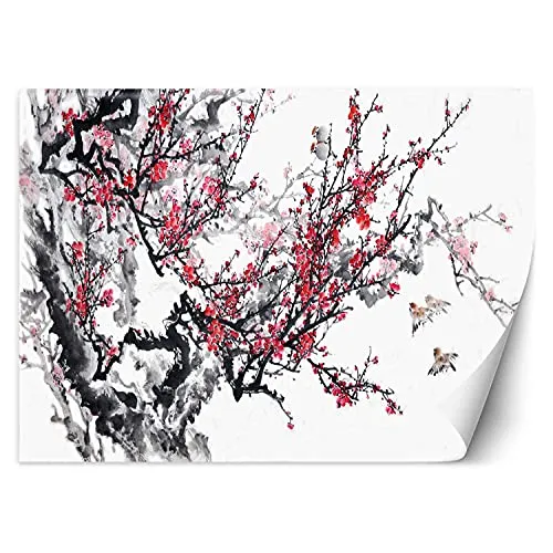 Feeby Fototapete Moderne Wanddeko Wandbild Zweig Kirschblüte 350x245 cm Rosa Wandtapete Design Kinderzimmer Küche Büro Flur Wohnzimmer Aquarell Japan