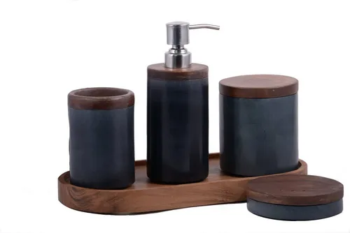 houseproud Badaccessoire-Set Twin Elements - 5-teilig aus Steatit und Akazienholz - Elegantes 5-teiliges Badset aus robustem Steatit und edlem Akazienholz, vereint Stil und Funktionalität für ein luxuriöses Badezimmererlebnis.