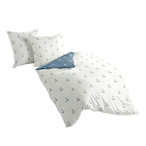 TRAUMSCHLAF Bettwäsche Anker, 2-teilig, hochwertige Biber Qualität - Bettwäsche-Set in maritimer Optik, aus 100% Baumwolle, kuschelig weich und pflegeleicht bei 60°C. Ideal für gemütliche Nächte!