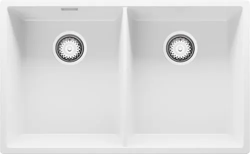 PRIMAGRAN Spülbecken Weiß 76x47cm, Granitspüle 2 Becken + Ablauf-Set, Küchenspüle ab 80er Unterschrank - London Slim Twin S002