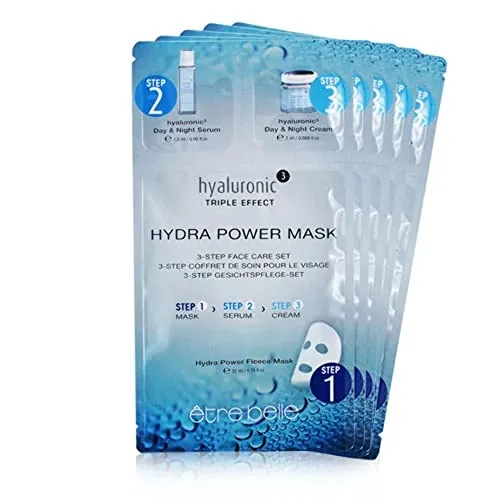 hyaluronic³ 3-Step Gesichtspflege-Set von être belle Cosmetics - Hautpflegeset mit 5 Feuchtigkeits-Vliesmasken, angereichert mit Hyaluronsäure für intensive Hydratation und sichtbare Anti-Aging-Effekte.