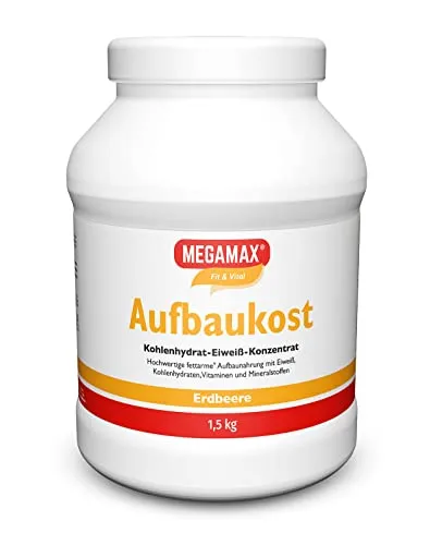 Megamax Aufbaukost Erdbeere 1.5 KG - Sportnahrung mit fettarmem Kohlenhydrat-Eiweiß-Getränk. Ideal zur individuellen Dosierung, enthält wertvolle Vitamine und Mineralstoffe für optimale Unterstützung während des Trainings.