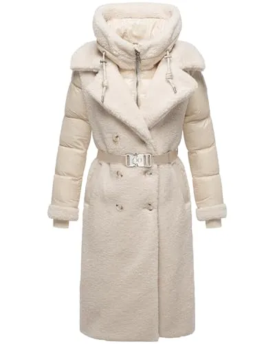 Navahoo Damen Langer Materialmix-Wintermantel - Funktionsjacken mit wärmendem Plüsch und stylischem Materialmix, ideal für kalte Wintertage und wandelbar durch abnehmbaren Kapuzen- und Krageneinsatz.