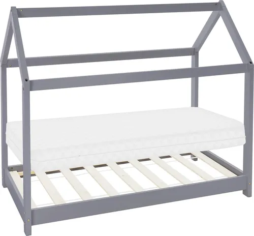 ML-Design Kinderbett 80x160 cm Hellgrau mit Matratze - Hausbett aus Kiefernholz für Mädchen & Jungen, bietet gemütlichen Schlafplatz und kreative Gestaltungsmöglichkeiten. Mit orthopädischer Kaltschaummatratze für besten Schlafkomfort.